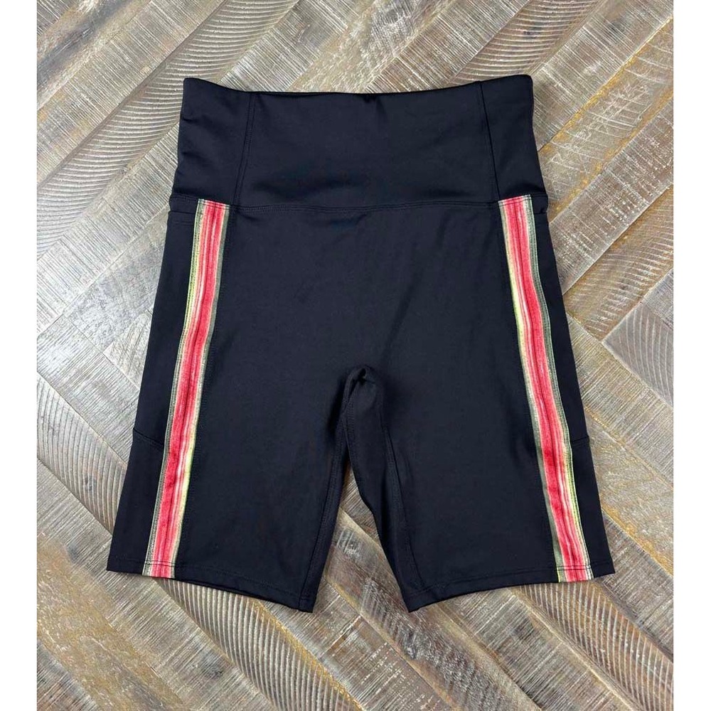 Soulgani Active Womens Black High Waisted Biker Shorts Side Stripe Pockets Small